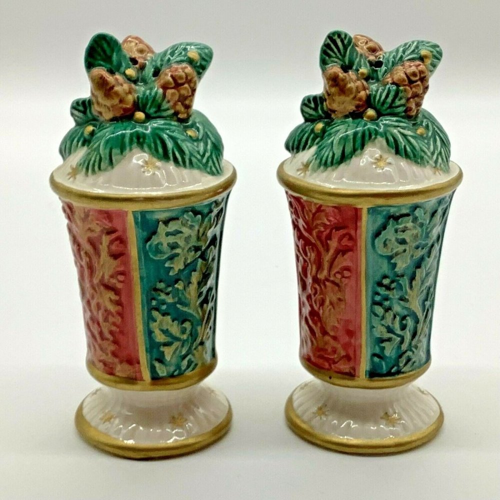 Vintage 1995 Fitz & Floyd Damask Pine Bough Salt and Pepper Shakers